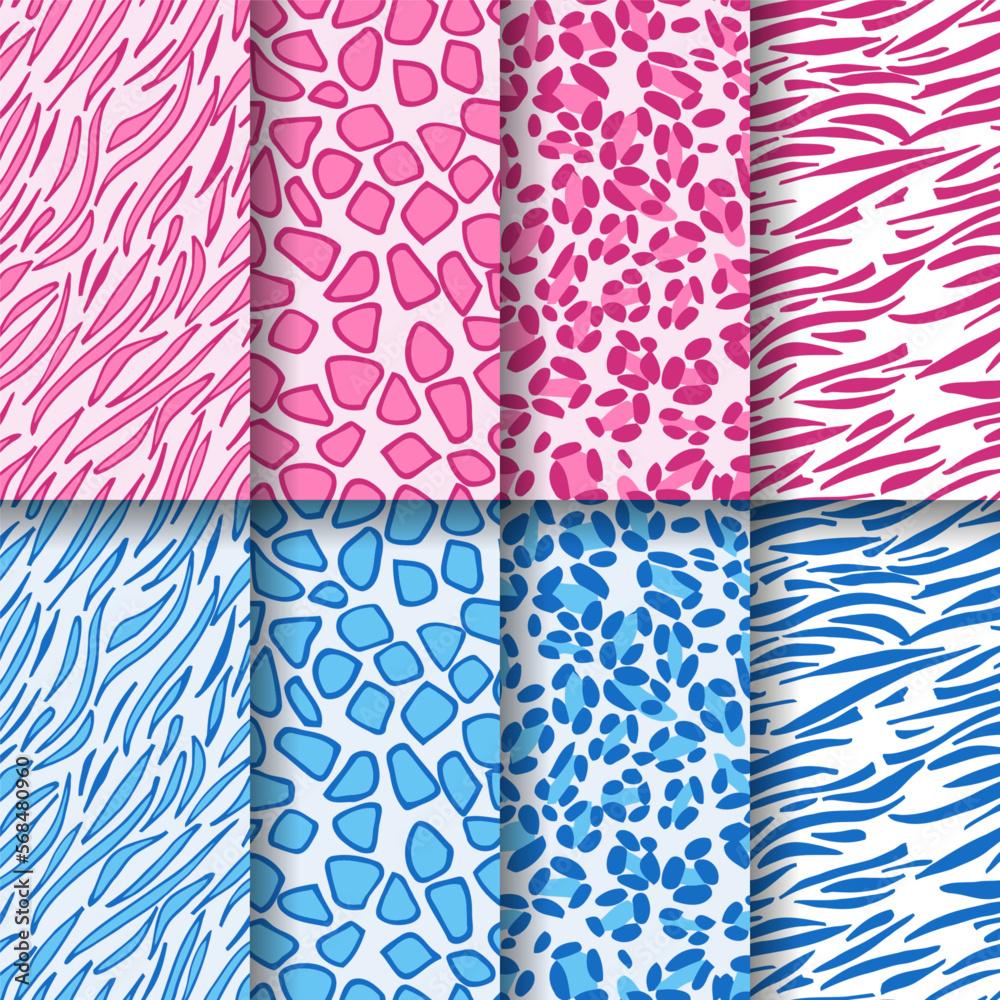 Pink and blue tiger, zebra, giraffe and leopard print skin.
