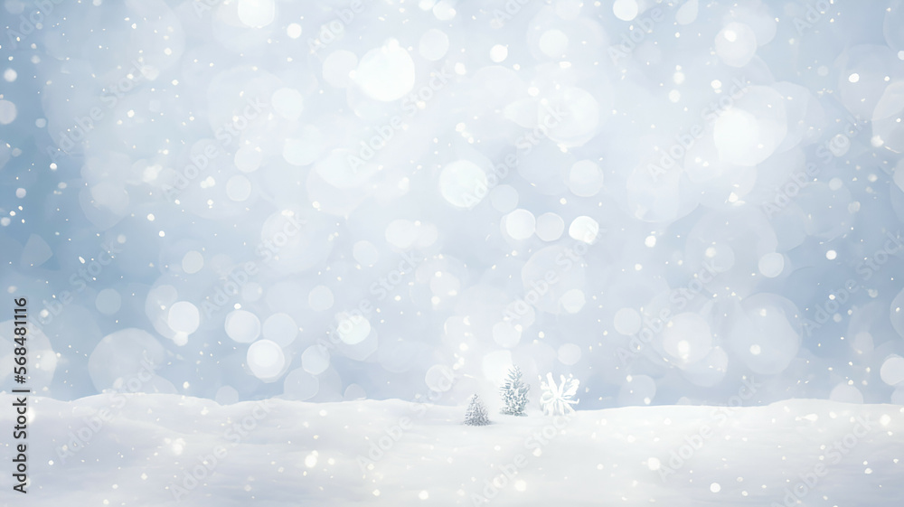 christmas winter snow illustration with beautiful light and snow flakes  on bokeh background with free copy space for banner format design, generative ai