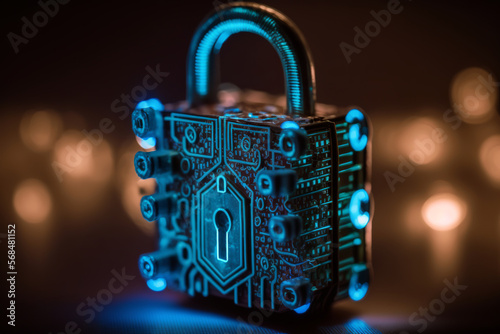 Cyber security concept and digital data protection with a locker in a blue background created with a generative ai technology