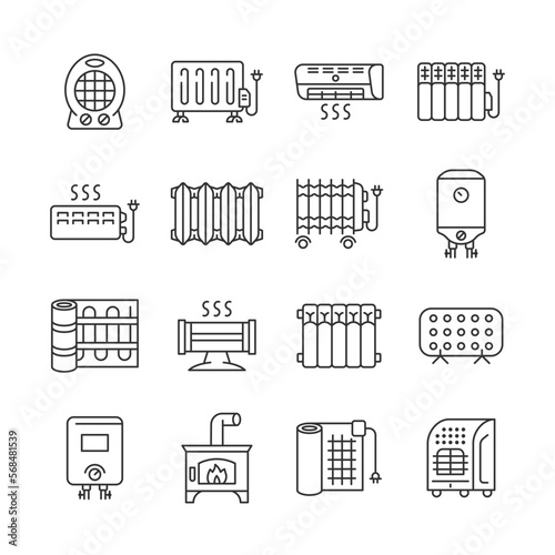 Heater line icon set. Heating equipment vector sign. Convector, oil radiator, furnace, fan heater, infrared heater, warm floor, air conditioner  symbols. Editable stroke.