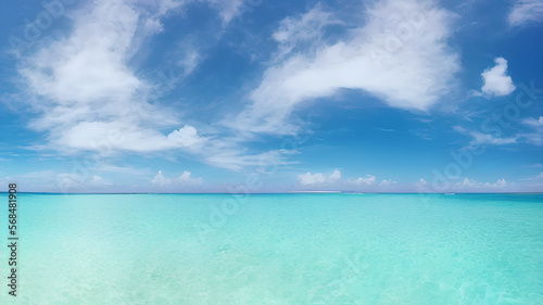 photorealistic panorama view illustration of idyllic beach with blue water and blue sky with white clouds during holiday season  generative ai