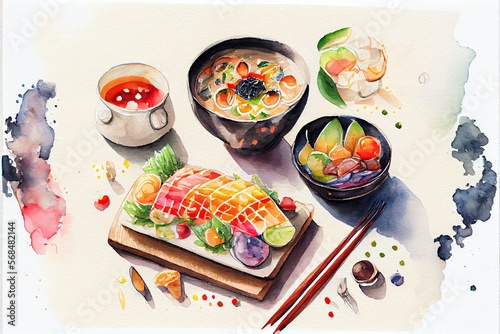 Generative AI illustration of knolling japanese cuisine food, watercolor paint style, set of asian food