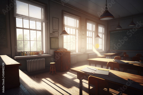 A classroom with desks and a chalkboard on the wall  volumetric lighting  ai generated