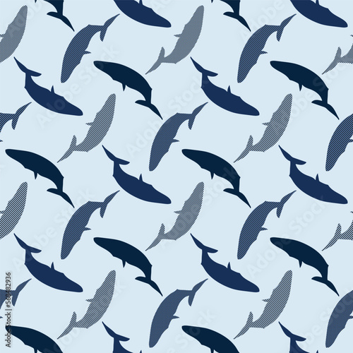 Blue whale vector seamless pattern