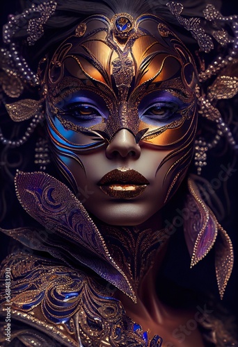Generative AI illustration of courtesan in a mask made of carnival glass, beautiful make up ideas, gorgeous, beautiful female eyes with carnival glass sparkly eyeshadow