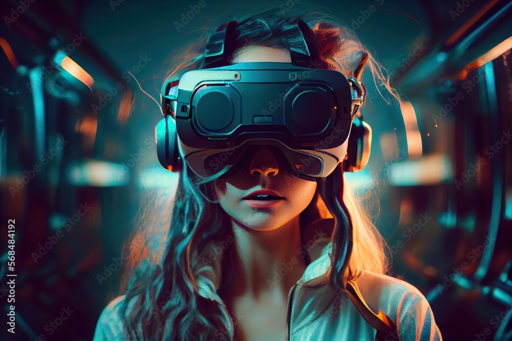 Generative AI illustration of an enthusiastic young women wearing virtual reality goggles is inside the metaverse. Metaverse concept and virtual world elements Generative AI illustration of an enthusiastic young women wearing virtual reality goggles is inside the metaverse. Metaverse concept and virtual world elements