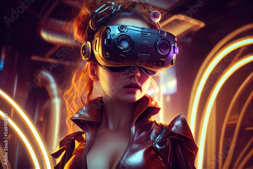Generative AI illustration of an enthusiastic young women wearing virtual reality goggles is inside the metaverse. Metaverse concept and virtual world elements