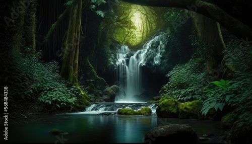 beautiful waterfall in green forest in jungle. Generated by Midjourney AI