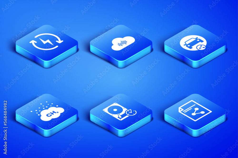 Set Share file, Recharging, Hard disk drive with clockwise, Methane emissions reduction, Music streaming service and Car sharing icon. Vector Set Share file, Recharging, Hard disk drive with clockwise, Methane emissions reduction, Music streaming service and Car sharing icon. Vector