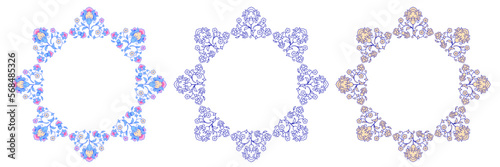 Arabesque eight pointed frame with floral ornament. Round border in Arabian style with flowers and leaves. Vector illustration