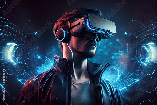 Generative AI illustration of man with virtual reality VR goggle playing AR augmented reality game and entertainment, futuristic metaverse gameFi NFT game ideas