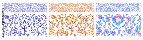 Set of seamless borders with arabesque floral ornament and corner elements. Borders in Arabian style with flowers and leaves. Vector illustration photo
