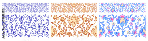 Set of seamless borders with arabesque floral ornament and corner elements. Borders in Arabian style with flowers and leaves. Vector illustration