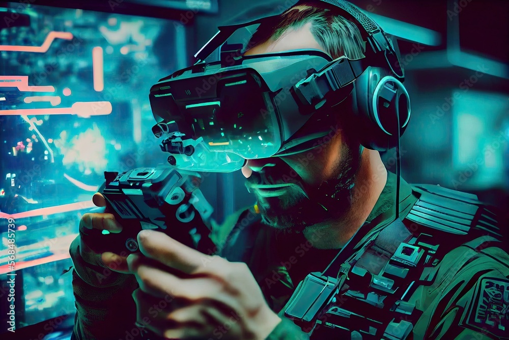 Generative AI illustration of man with virtual reality VR goggle