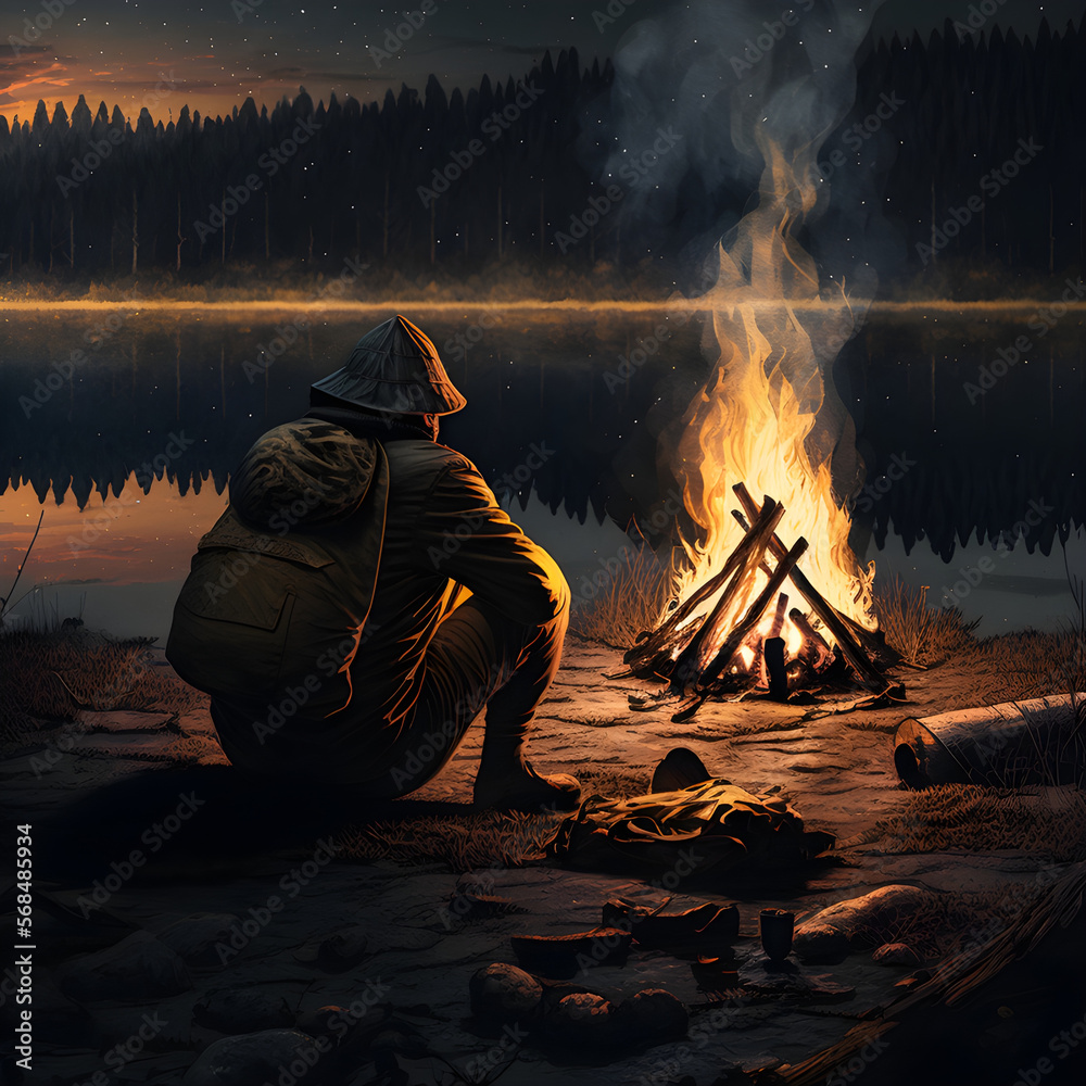 person on fire, camp fire, alone, camp fire background, Generative AI person on fire, camp fire, alone, camp fire background, Generative AI