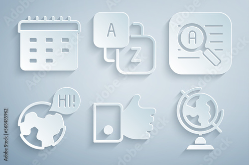 Set Hand like, Translator, Learning foreign languages, Earth globe, Vocabulary and School timetable icon. Vector