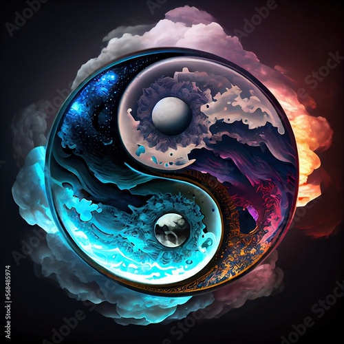 Generative AI illustration of a mythical yin yang magic design made from carnival glass, fantasy sky background, masters of the darkness, fantasy epic atmosphere