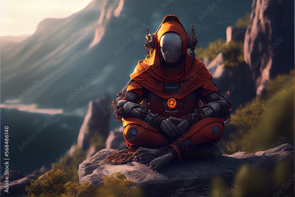 Obraz premium Generative AI illustration of an advanced monk robot cyborg doing yoga on the mountain, zen lighting