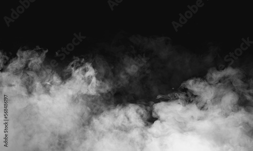 Smoke on floor. Isolated black background. Misty fog effect texture overlays for text or space