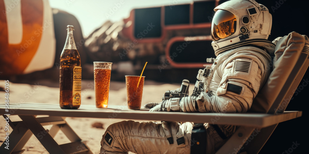 An astronaut sits on a chair and drinks beer and cocktails on an alien