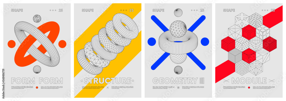 Fototapeta premium Strange extraordinary graphic assets wireframes of geometrical shapes, Anti-design minimalistic hipster colored digital collage, vector set posters inspired by brutalism, contemporary artwork