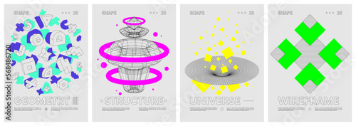 Unusual strange wireframes anti-design vector set posters inspired by brutalism, Shapes psychedelic contemporary composition artwork in Y2k trendy style, minimalistic hipster colored digital collage
