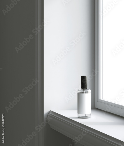 Minimal style mockup for product presentation. Spray bottle on white window frame background. 3d rendering illustration. Clipping path of each element included.