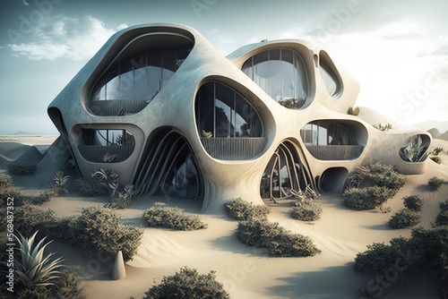 A futuristic home with flowing organic shapes that fits perfectly into the surrounding landscape. Creative concept of the future. Generative AI archtectural photography. photo