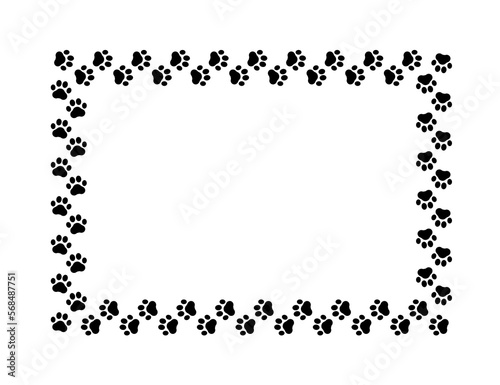 Frame paw pattern. Cute rectangle border dog or cat. Black footprint boarder isolated on white background. Mark animal frames. Silhouette step for design prints. Footmark lines. Vector illustration