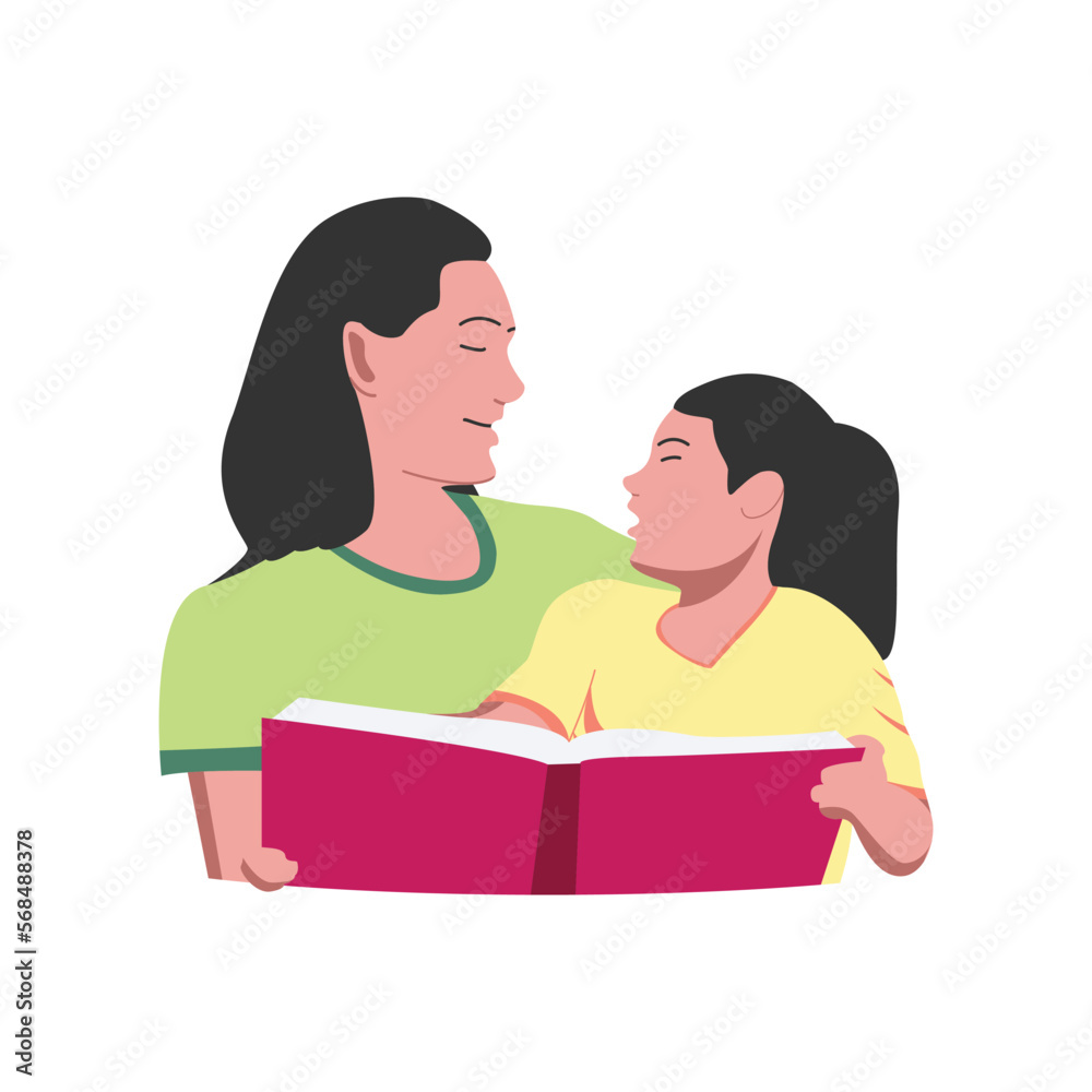 Obraz premium Pretty mother and her beautiful young daughter reading a book and looking at each other flat vector drawing