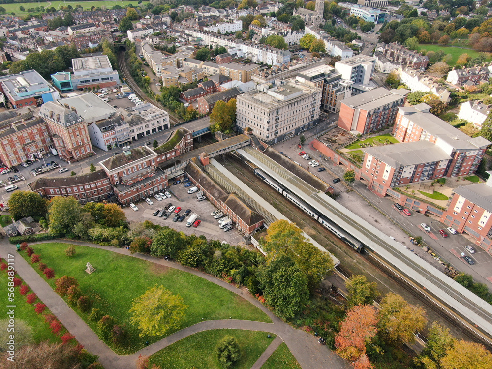 an aerial view of the centre of Exeter City showing Exeter Central railway station