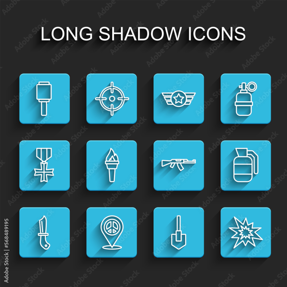 Set line Military knife, Location peace, Anti-tank hand grenade, Shovel, Bomb explosion, Torch flame, Hand and Submachine gun icon. Vector Set line Military knife, Location peace, Anti-tank hand grenade, Shovel, Bomb explosion, Torch flame, Hand and Submachine gun icon. Vector