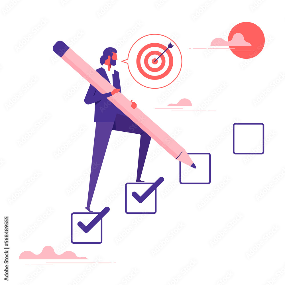 Achieve business target concept, businessman walking up checklist as staircase or todo list for businessman to achieve target Achieve business target concept, businessman walking up checklist as staircase or todo list for businessman to achieve target