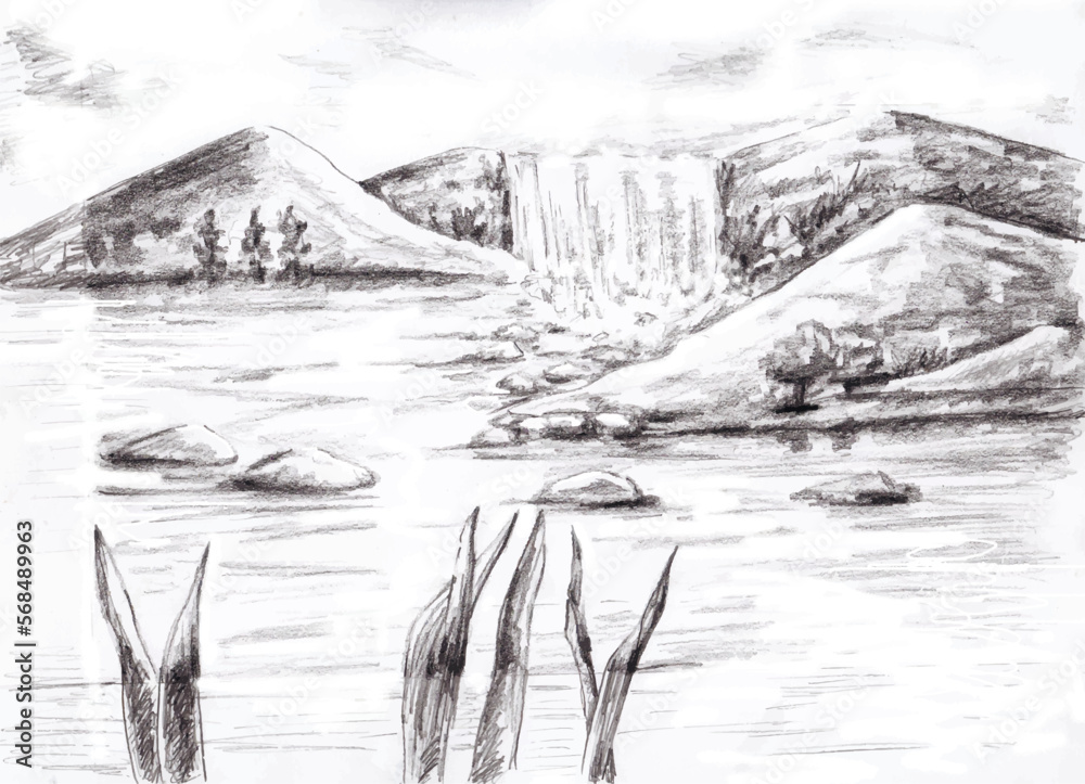 Pencil Drawing of Nature. Mountains. Waterfall. River