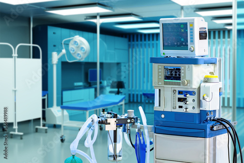 Anesthesia equipment. Medical technologies. Apparatus in intensive care unit. Modern clinical equipment. Equipment for monitoring patient under anesthesia. Monitor with heart rate line. 3d image.