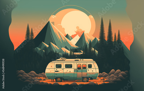 Camping Urlaub, camping in the woods, campsite with trailer and campfire, landscape in retro style, Generative AI