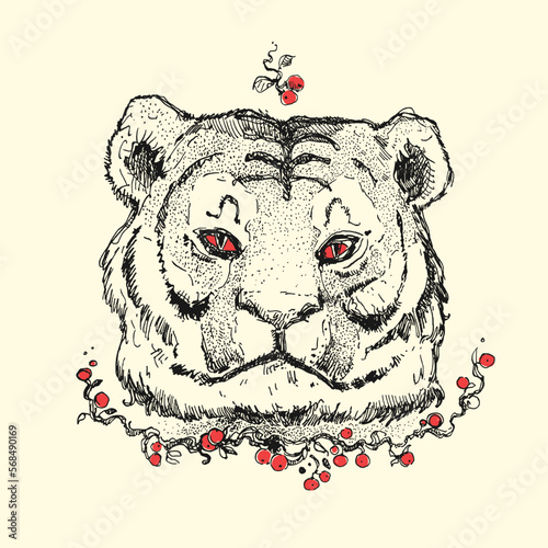 Hand drawn vector ink illustration with tiger and berries. Ready to use tattoo sketch, manually drawn freehand art, magical no-AI drawing. Tiger wild animal big cat.