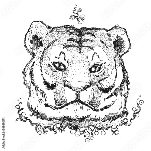 Hand drawn vector ink illustration with tiger and berries. Ready to use tattoo sketch, manually drawn freehand art, magical no-AI drawing. Tiger wild animal big cat.