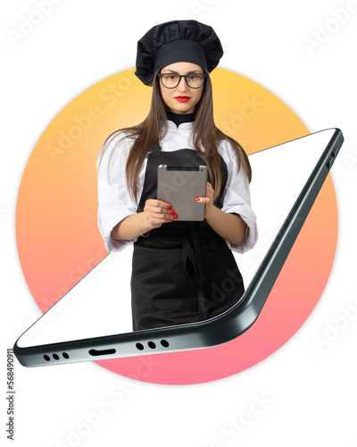 Chef woman. Giant phone wit...