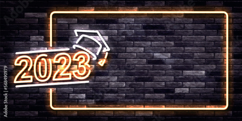 Vector realistic isolated neon sign of 2023 Graduation frame logo on the wall background.