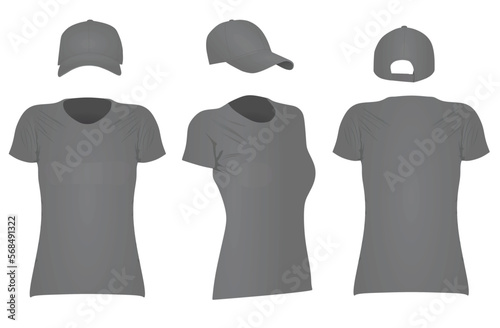 Women's grey t shirt and baseball cap. vector illustration