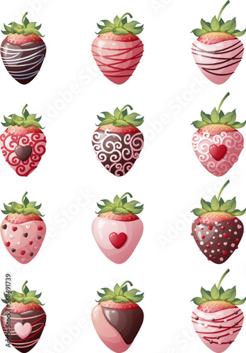 Set of strawberries in chocolate glaze on an isolated background. Sweets for Valentine s Day with delicious icing and decorations. Vector icons, stickers,