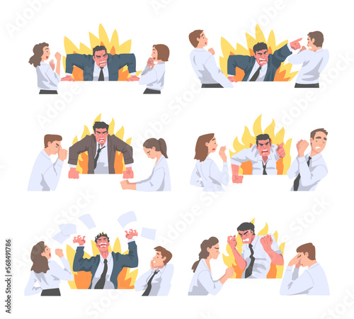Furious Chief Screaming and Yelling in Anger at Scared Employee Vector Set.