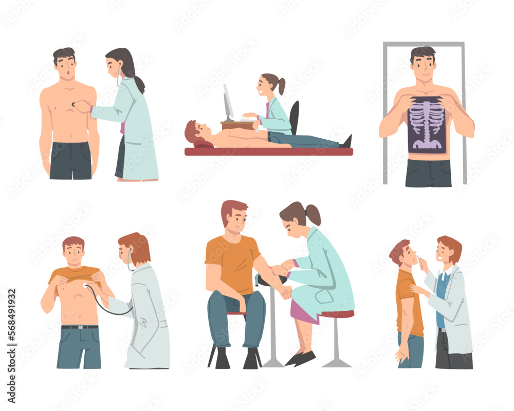 Medical Check-up and Health Screening with Doctor in White Coat Examining Patient Vector Set