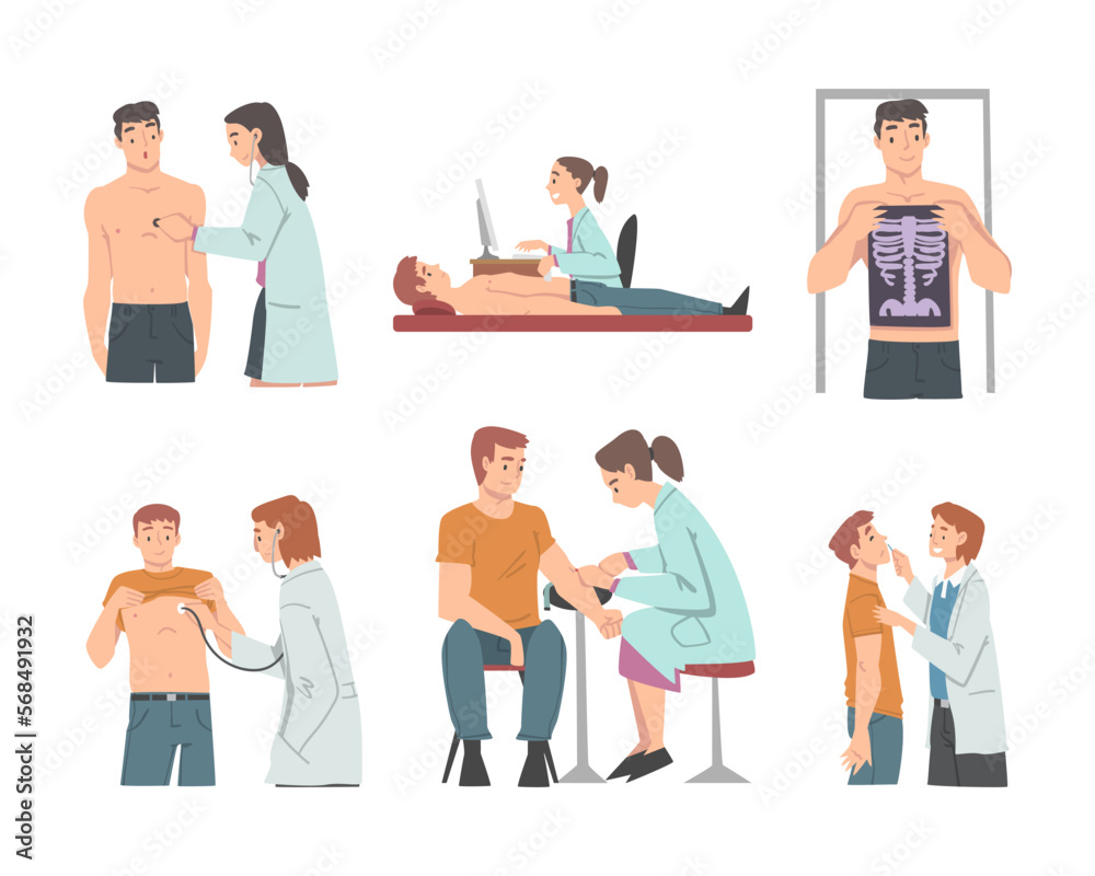 Medical Check-up and Health Screening with Doctor in White Coat Examining Patient Vector Set Medical Check-up and Health Screening with Doctor in White Coat Examining Patient Vector Set