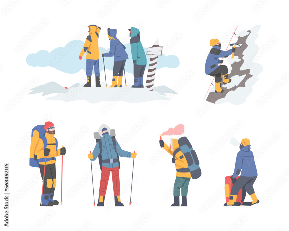 People Characters with Backpacks Engaged in Winter Mountaineering or Alpinism Climbing High Summit Vector Illustration Set