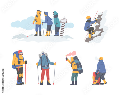 People Characters with Backpacks Engaged in Winter Mountaineering or Alpinism Climbing High Summit Vector Illustration Set photo