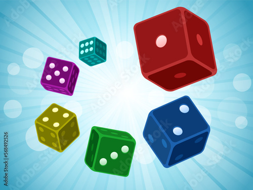 Realistic color dice cubes with numbers from one to six of white dots. Conceptual design - isolated 3d objects of vector gambling games design, casino, craps and poker, tabletop or board games. 