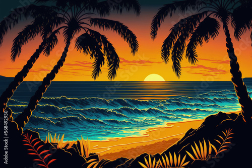 Palms spanning the sea at sunset. Blue background with yellow clouds and sand beach. Indian Ocean sunset seashore. The waves at the shoreline reflect the sea and sky at dusk. evening at the beach with