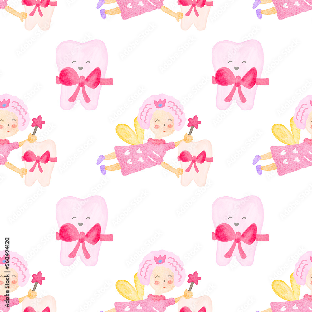 Tiny tooth watercolor pattern. Cute cartoon tiny tooth. Tooth fairy first tooth pattern. Hand drawn watercolor background digital paper